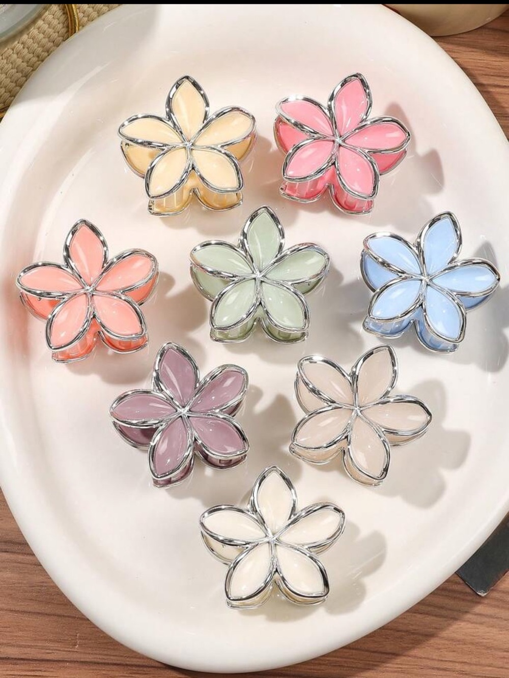 8pcs Set Silver Edged Glossy flower Hair Claw